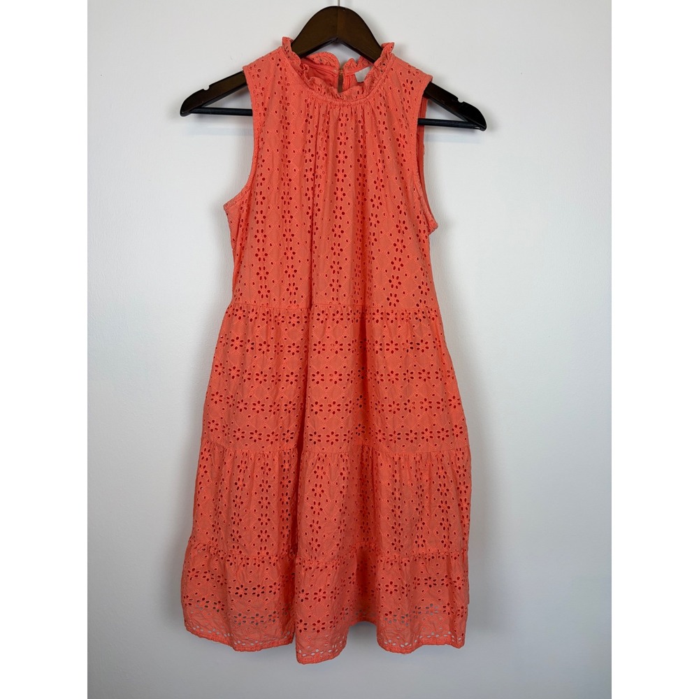LOFT Eyelet Tiered Dress Small Petite Coral Orange Ruffle Pockets Beach Resort